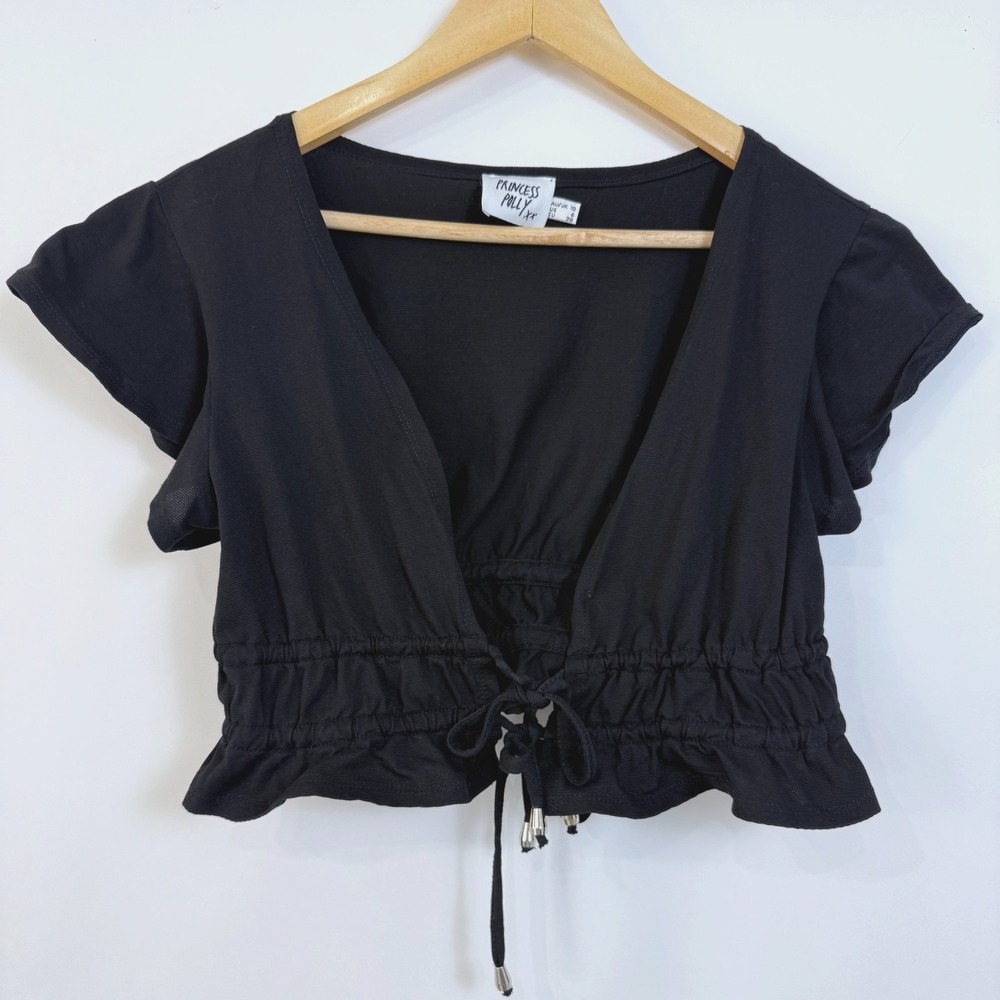 Princess Polly Tie Front Crop Top Plunge V Neckline Size 6‎ Black Feminine